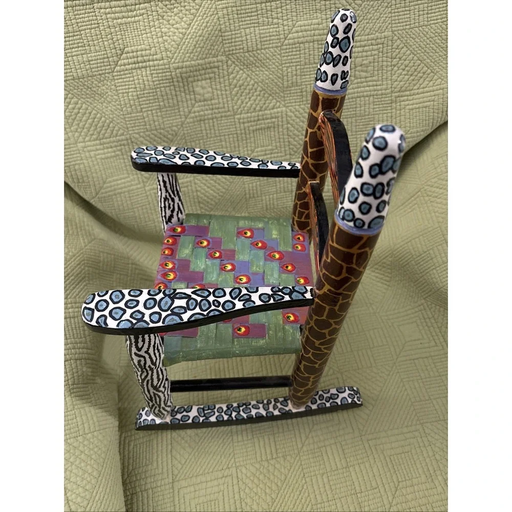 Hand Painted Folk Art Doll Rocking Chair Animal Print Miniature 16